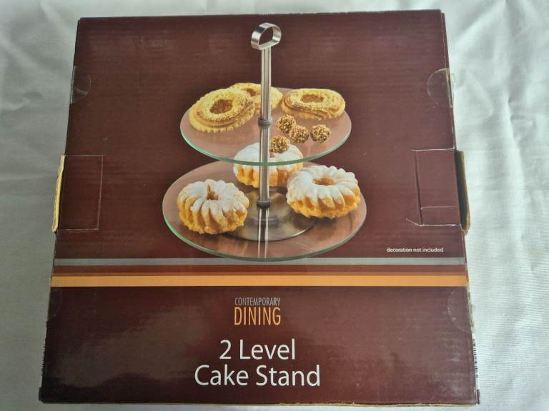 GLASS 2 LEVEL CAKE STAND, CONTEMPORARY DESIGN, NEW IN BOX, ENTERTAINING?