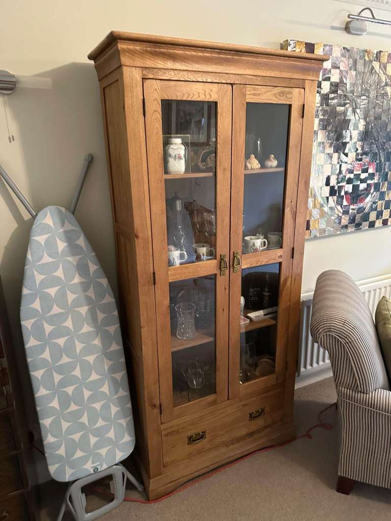 Solid Wood Display Cabinet with Glass Doors and Drawer – Good Condition