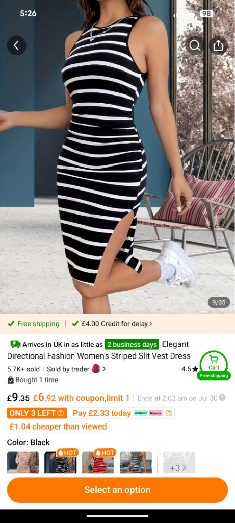 New Black and White Striped Vest Dress with Slit