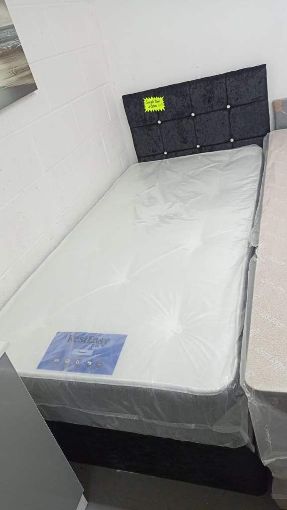 Black crush velvet single bed with mattress and headboard 