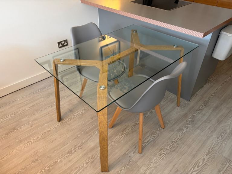 Scandi Glass Dining Table with Wood Effect Frame