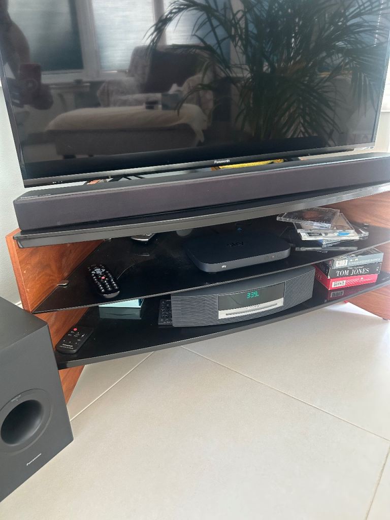 Modern Wooden TV Stand with Glass Shelves – Good Condition