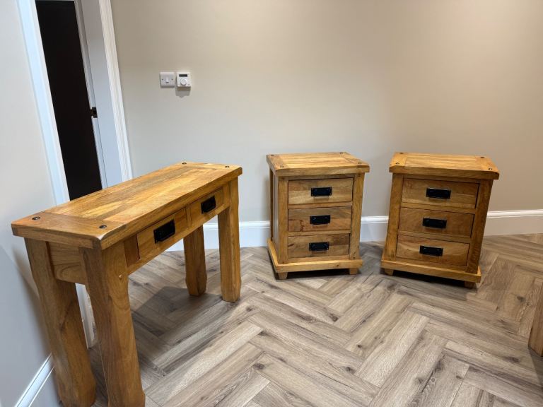 Pair of Solid Mango Wood “BAKU” Bedside Drawers/Tables and Console Table from Oak Furniture Land
