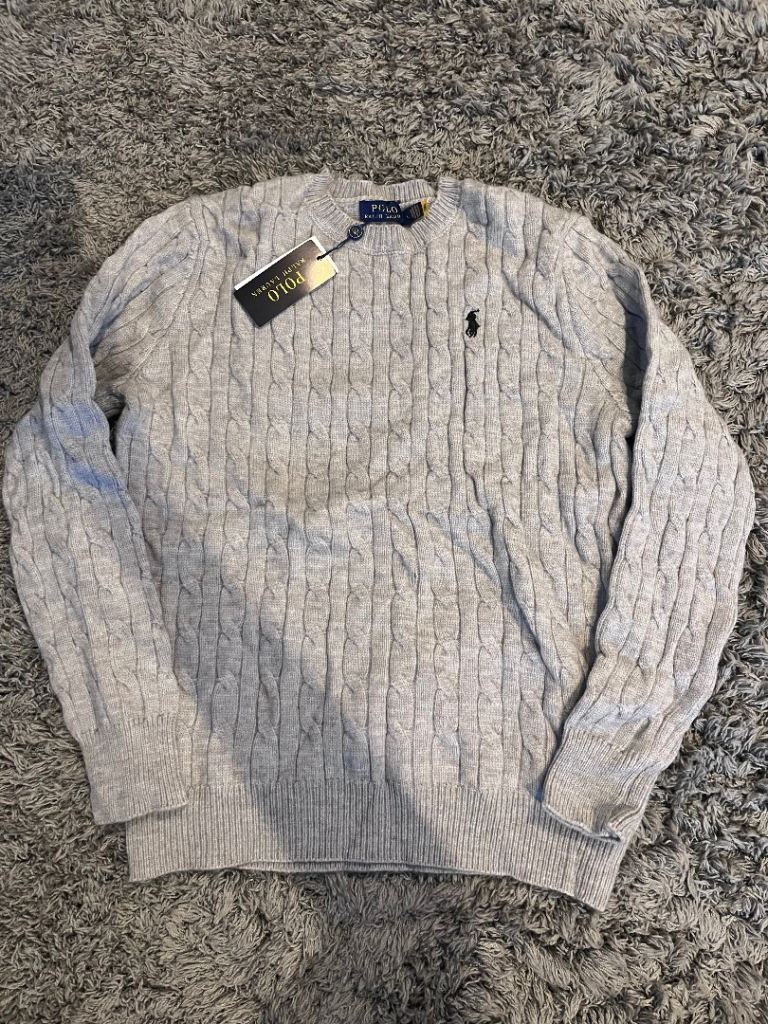 New Polo Ralph Lauren Cable Knit Jumper – Grey, Size L
