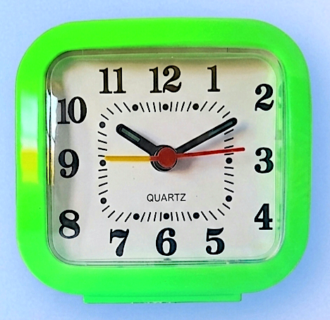 TRAVEL ALARM CLOCK - LUMINOUS GREEN - BEDSIDE - 8 x 8 cm - takes 1 x AA battery WORKING