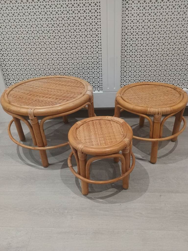 Vintage Nest of 3 Bamboo Side Tables Plant Stands Round Rattan Cane Mid Century Tiki Boho Style