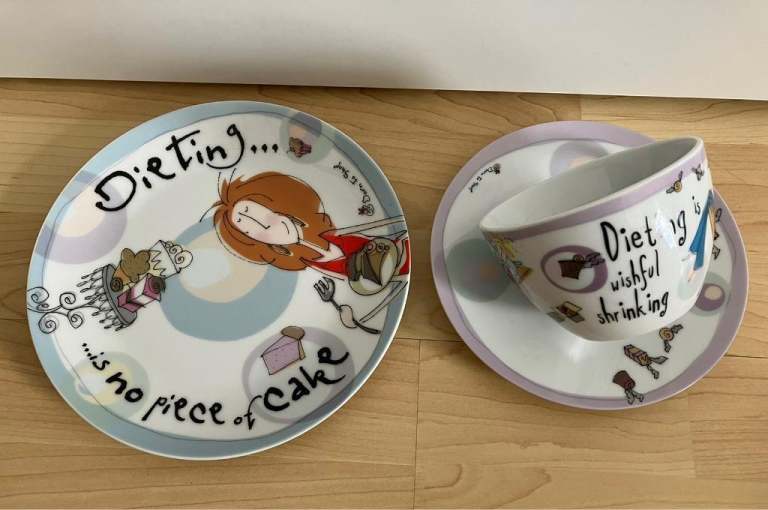 Born to shop dieting plate, cup & saucer set