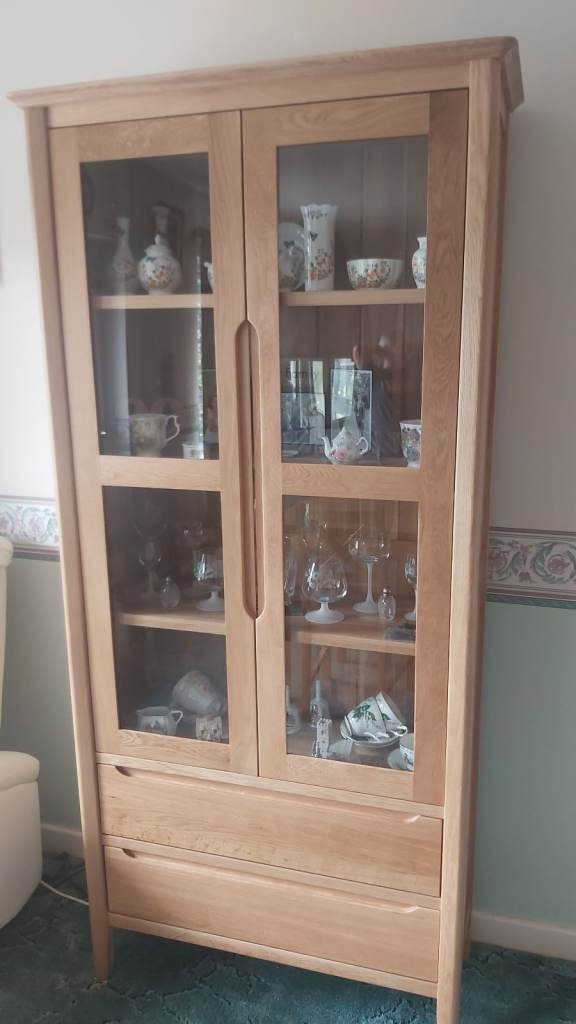 Solid Oak Display Cabinet with Glass Doors and Drawers