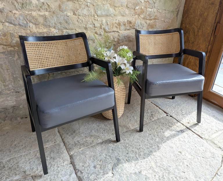 Pair Rattan Back Black Carver Dining Chairs - Occasional Armchairs Cafe Chairs