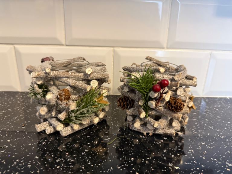 2 Candle Holders Wooden Twig Christmas Table Centerpiece with glass Tealight holders. 