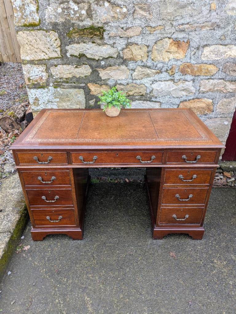 Antique Tan Leather Top Captains Pedestal Desk 