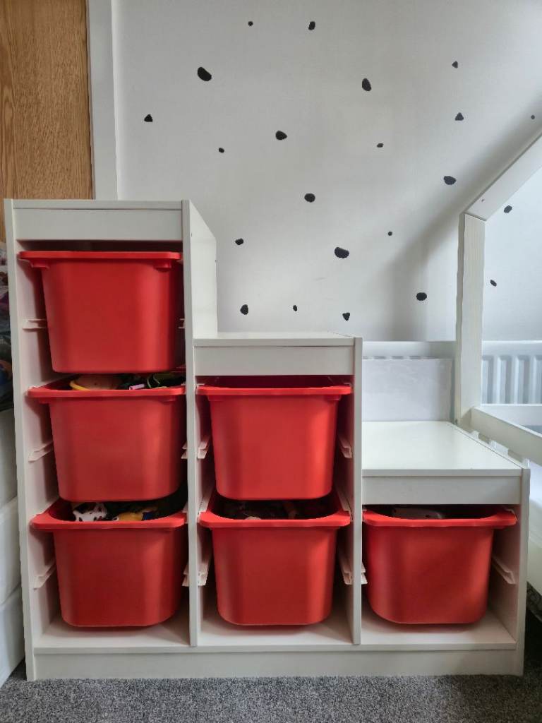 Ikea White TROFAST Storage Unit with 6 Red Bins