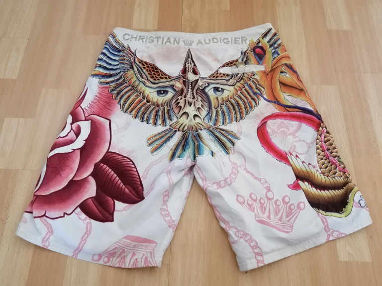 Rare Designer Vintage Y2K ED HARDY by CHRISTIAN AUDIGIER Swim Board Shorts. Ex Cond. Size : W33