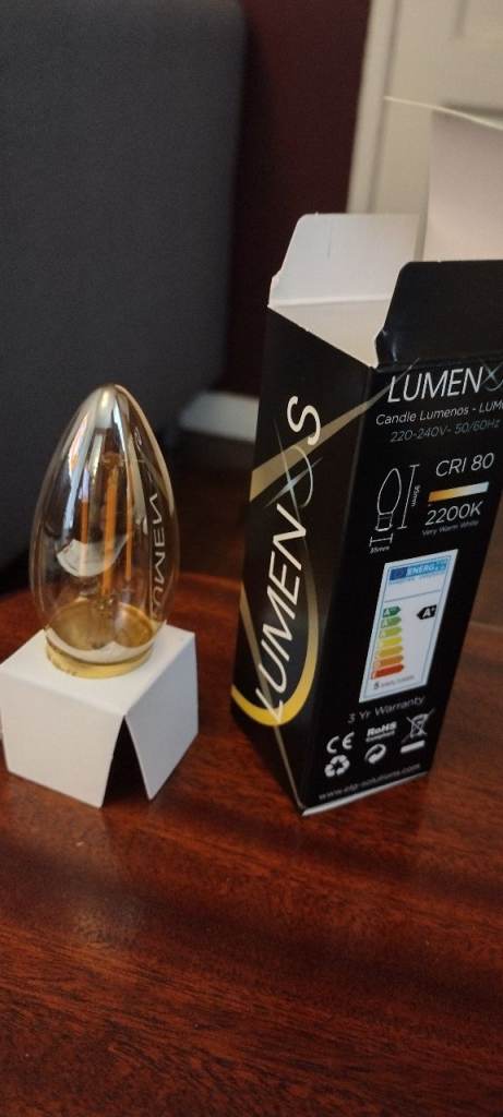 7 for £3 LUMENOS LED CANDLE GOLD FINISH DIMMABLE BULBS B22 very warm white 350 lumens NEW IN BOXES