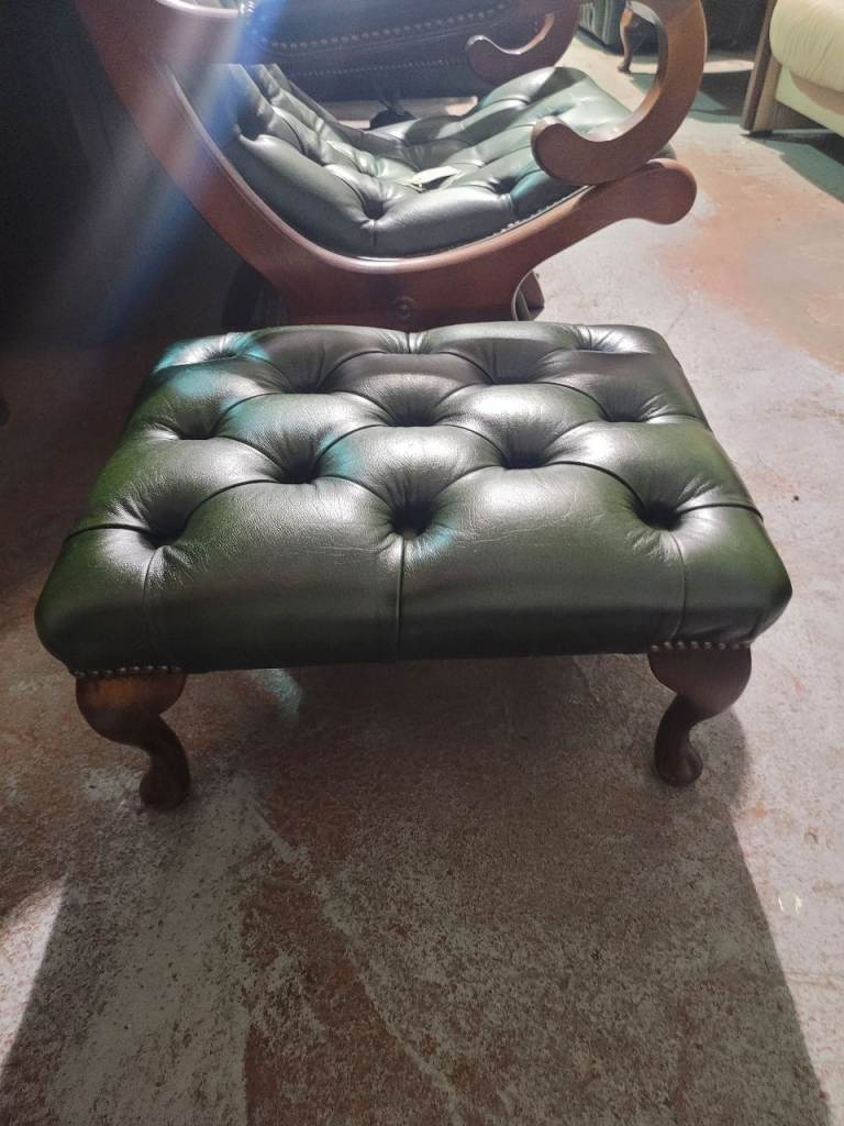 Vintage Green Leather Chesterfield Footstool