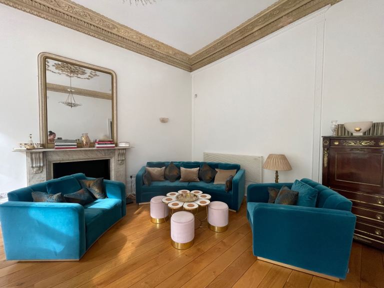 High quality, custom-made, Art Deco, curved teal and brass sofa set