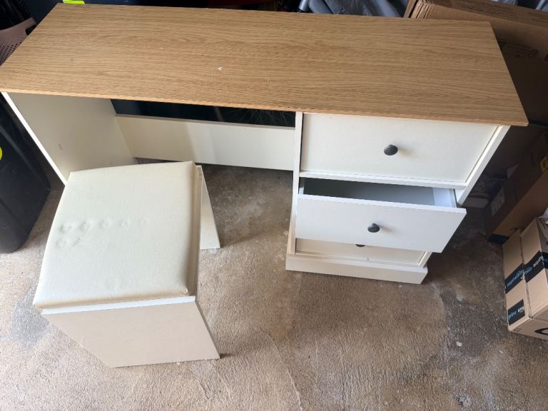 Cream Desk with Three Drawers and Matching Stool