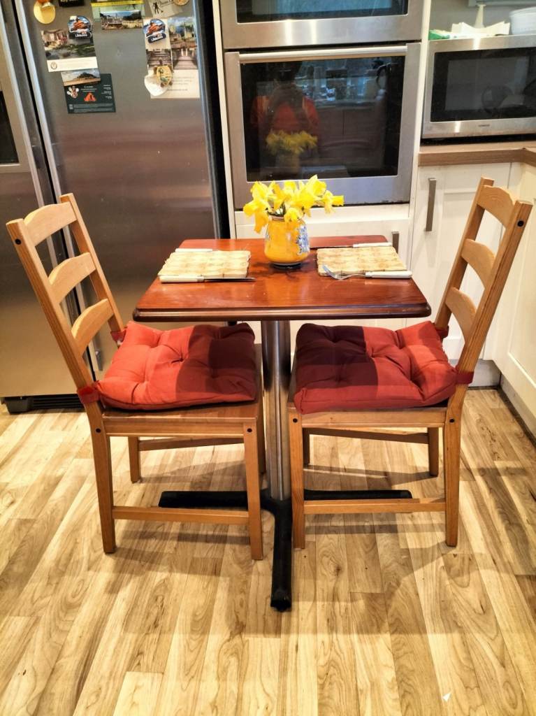Breakfast Bar Table, 690 x 690 mm, Solid Mahogany Top, Brushed Steel Leg, Brand New & Unused