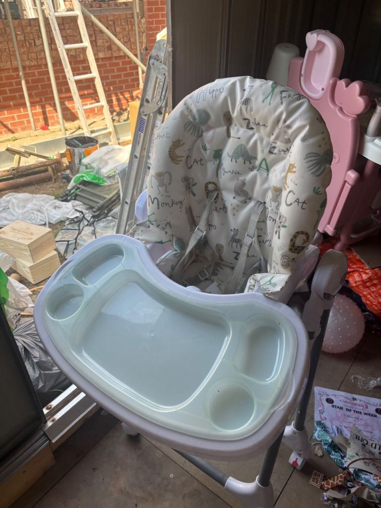 Baby High Chair with Tray – Good Condition, White and Pink
