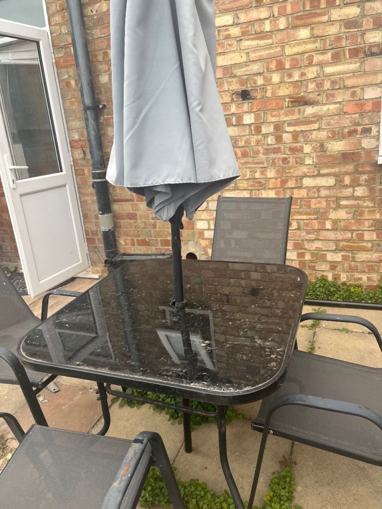 Garden Patio Table, 4 Chairs & Umbrella Set – Fair Condition
