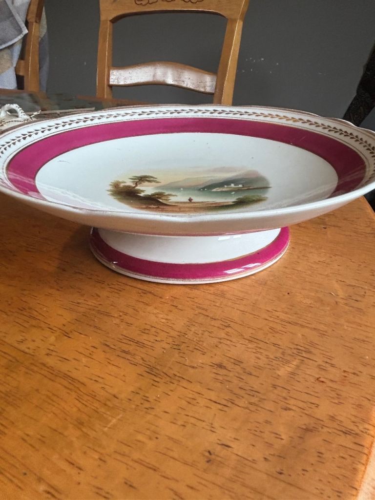 Victorian Hand‑Painted Landscape Pedestal Compote Dish