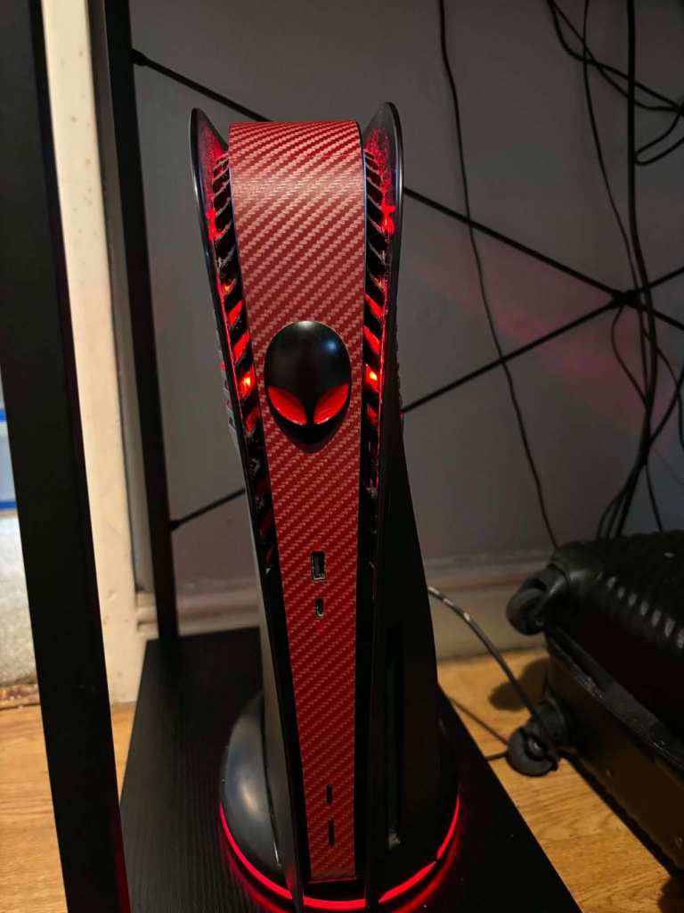 Sony PlayStation 5 with Red Carbon Fibre Skin and Blue Controller