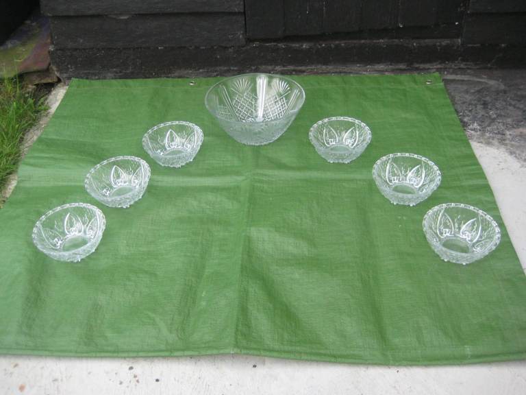 Cut Glass Serving Bowl for £10.00; 6 Matching Cut Glass Dessert Bowls for £10.00 OR All 7 for £18.00