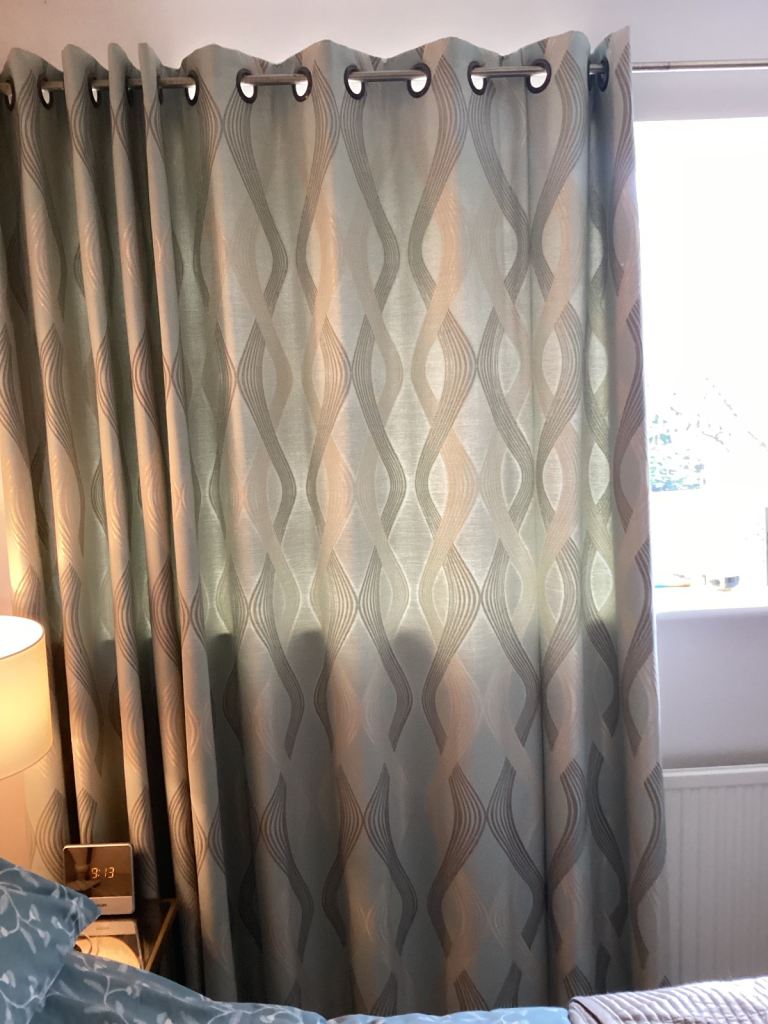 Wide width lined curtains eyelet heading with antique brass tie backs