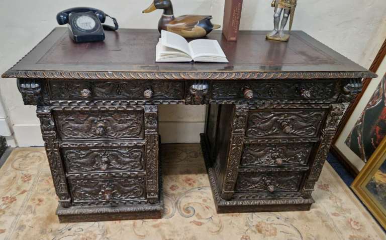 Stunning solid carved Oak Victorian Gothic desk 