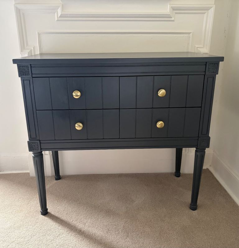 MADE Dark Blue Chest of drawers/Console with Carved Details and Gold Knobs