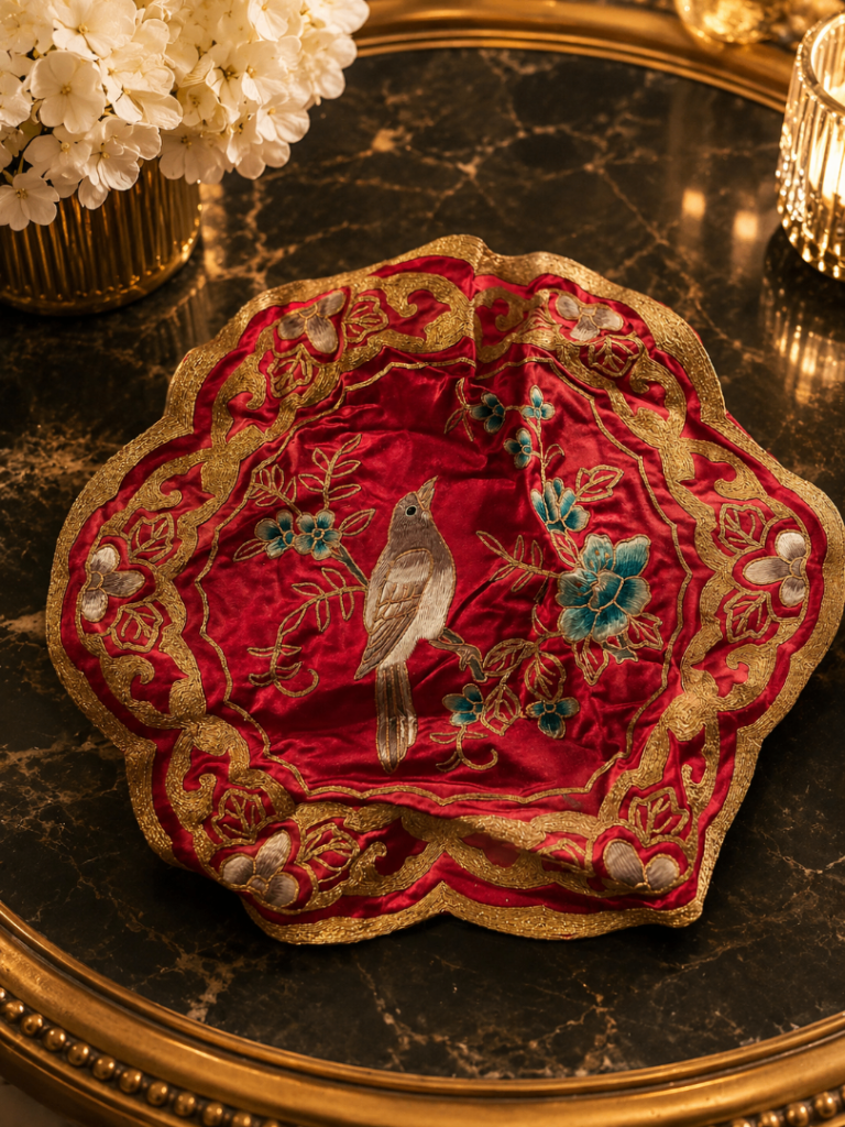 Vintage Chinese Silk Embroidered Bird & Floral Decorative Mat