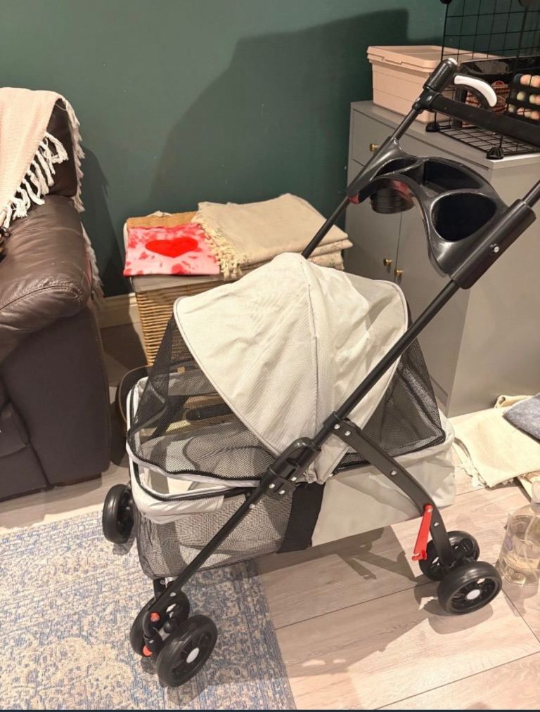 Foldable Lightweight Pet Stroller with Mesh Canopy - Grey Cat-dog trolley carrying 