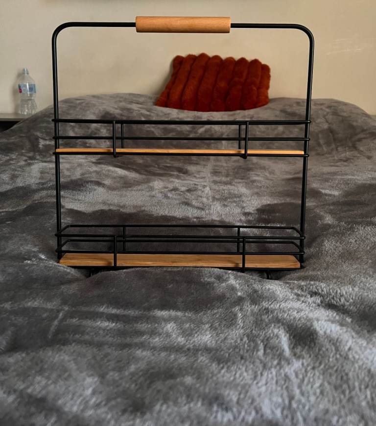 Modern 2-Tier Metal & Bamboo Storage Rack with Handle – Excellent Condition