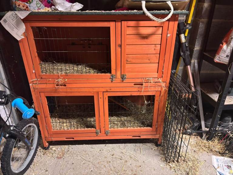 41" Double Decker Rabbit/Guinea Pig Hutch with Sliding Trays and Roof which Opens