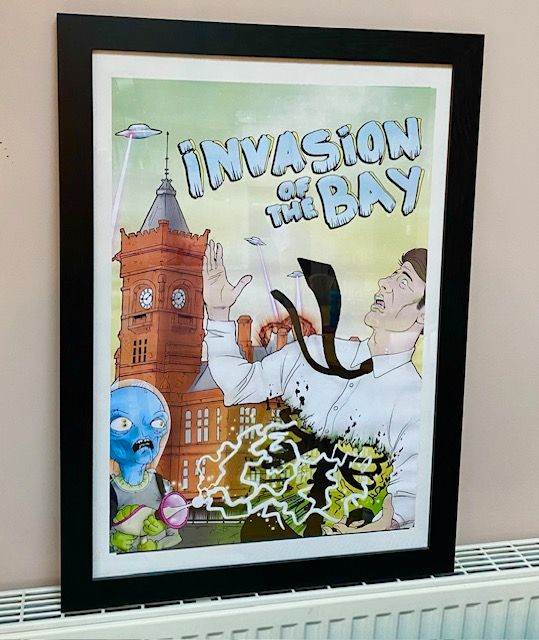 LARGE WALL PRINT ALIEN INVASION, CARDIFF BAY, POP ART, PIERHEAD BUILDING