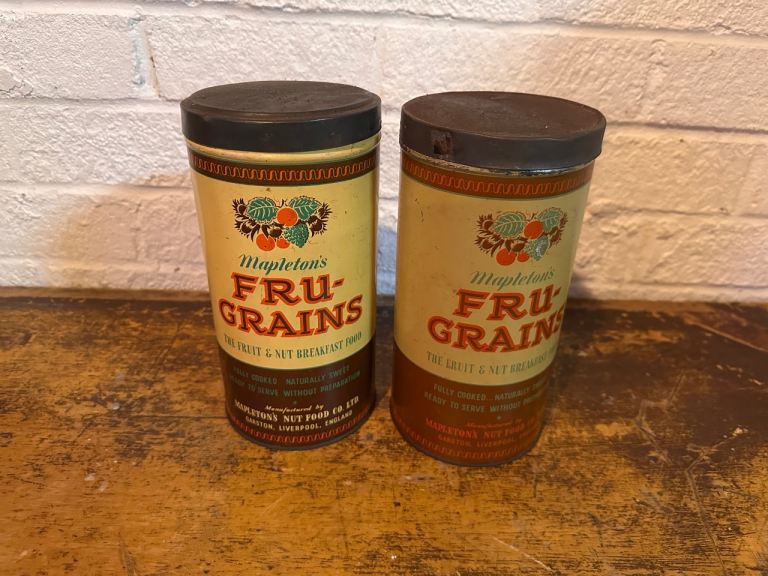 Rare Vintage Tins Mapleton's Fru-Grains 8.5"/21cm Tall 1960s