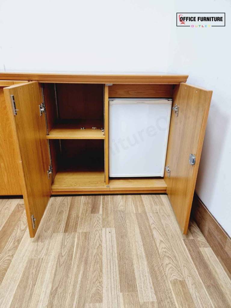 Golden Oak Credenza Cabinet with Built-In Fridge