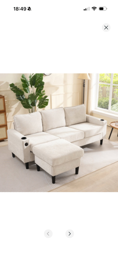  Cream Fabric Corner Sofa with Chaise and Cupholders