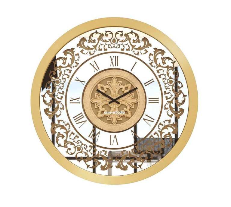 BN Merit Onn Studio Wall Clock Traditional Floral Motif Vintage Gold Round Mirrored 75cm RRP £329.99