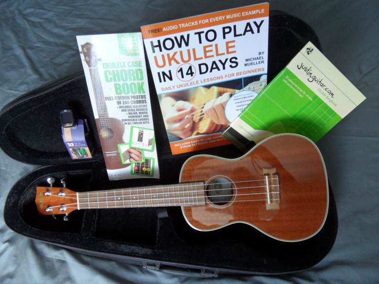 Ukulele with Case, Tuner, and Learning Books – Unused very good condition