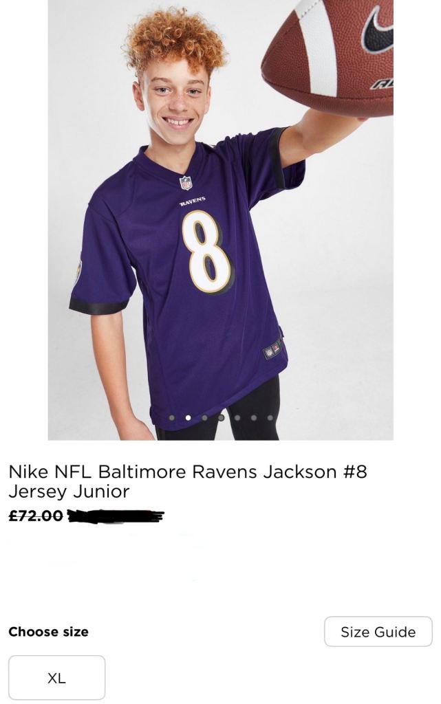 Nike Sportswear NFL Baltimore Ravens Jackson #8 Jersey Junior Size XL