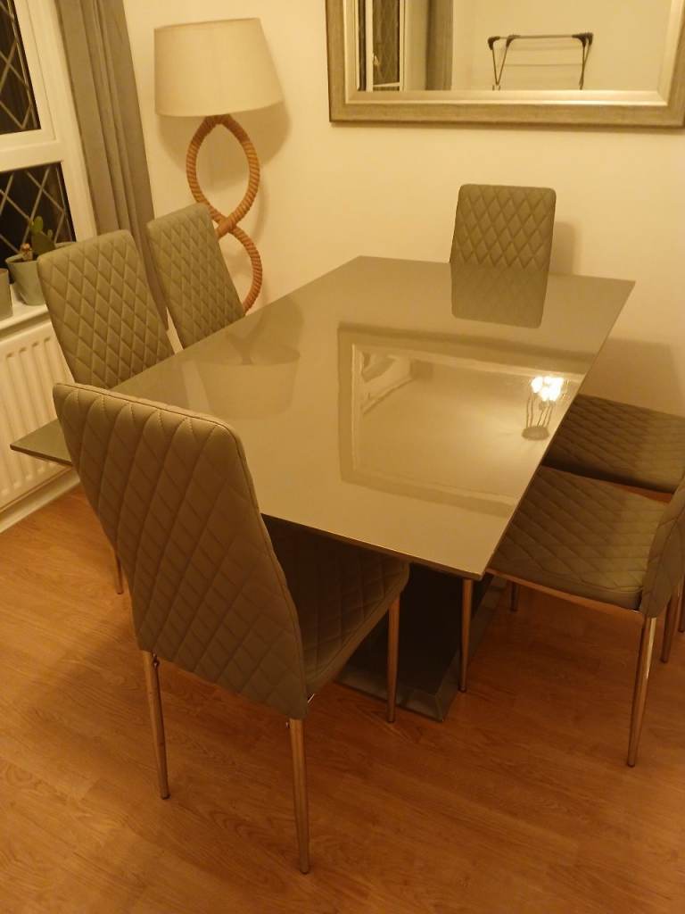 Modern grey gloss dining table and 6 chairs