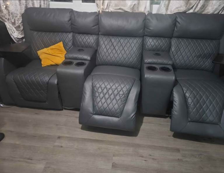 Grey Leather Recliner Sofa with Cup Holders – Good Condition