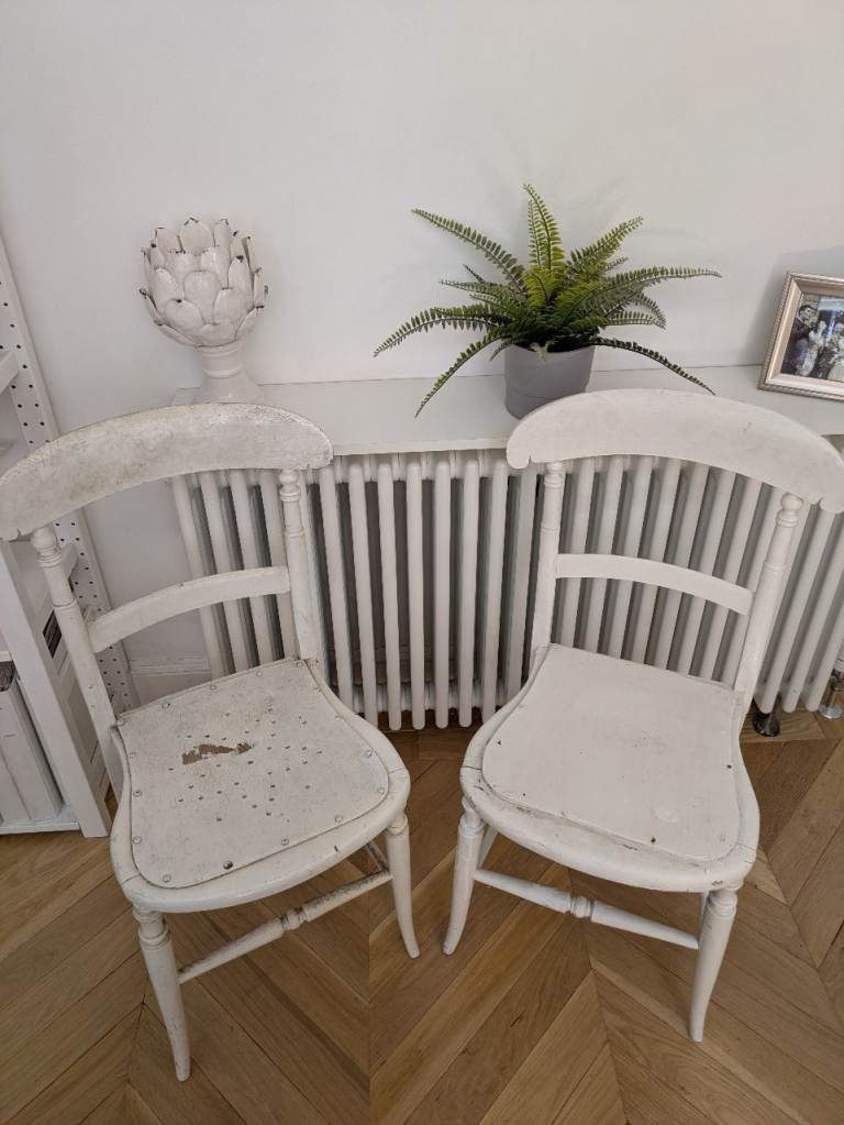Pair of White Wooden Victorian Chairs – Fair Condition, Shabby Chic Style