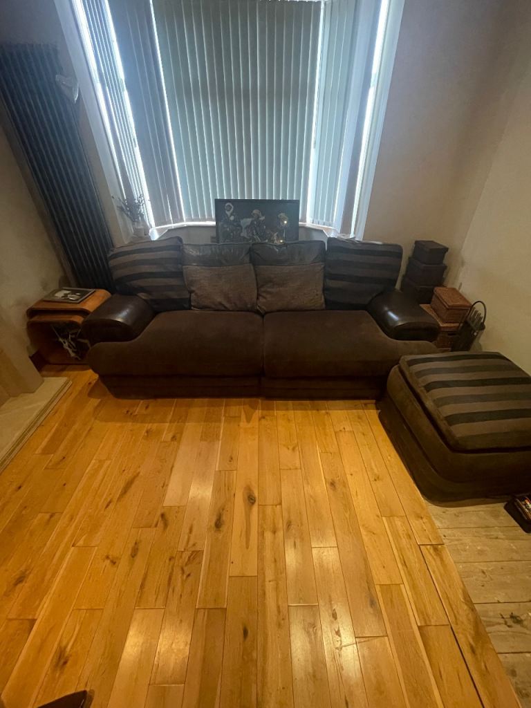 3-Piece Brown Sofa Set – Fabric & Leather Combination