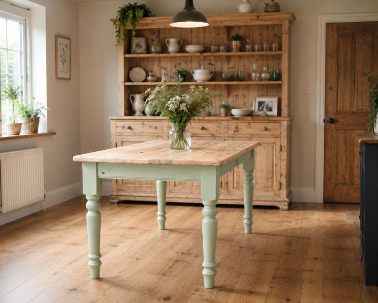 Beautiful 6ft Large Vintage Solid Wood Farmhouse DiningTable in Olive & Stripped wood Top