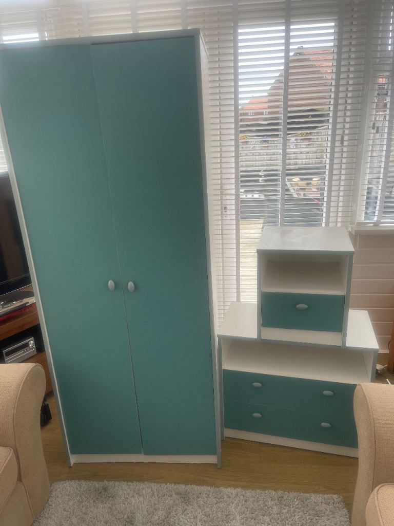 Wardrobe, Chest of Drawers, Bedside Unit – Teal and White