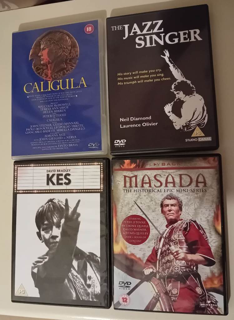 4 DVD (Movies) 1) Caligula 9 pounds 2) Kes 5 pounds 3) The Jazz Singer 5 pounds 4) Masada 6 pounds