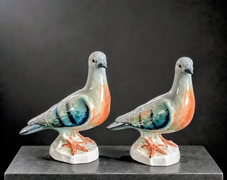 Pair of Ceramic Pigeon Figurines – Multicoloured, Good Condition
