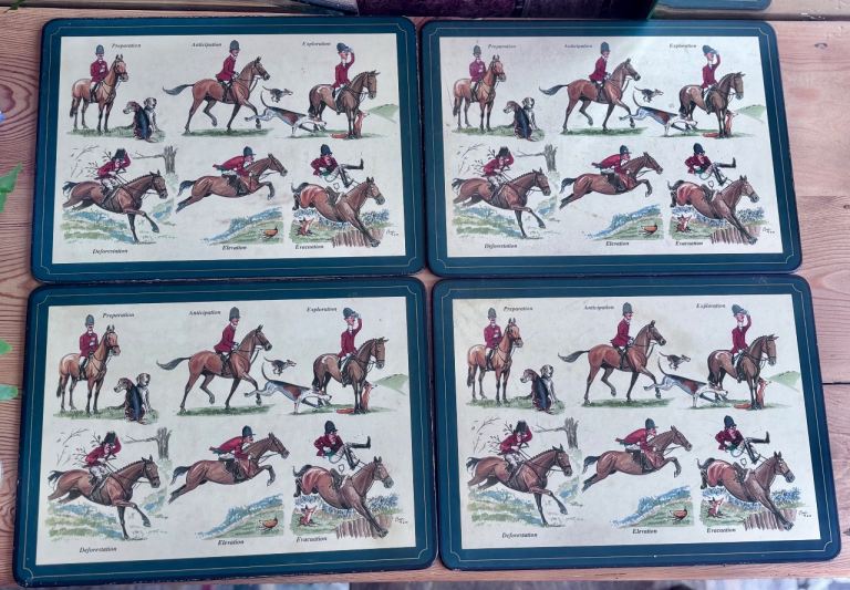 4 Vintage horse hunting/equestrian themed placemats,